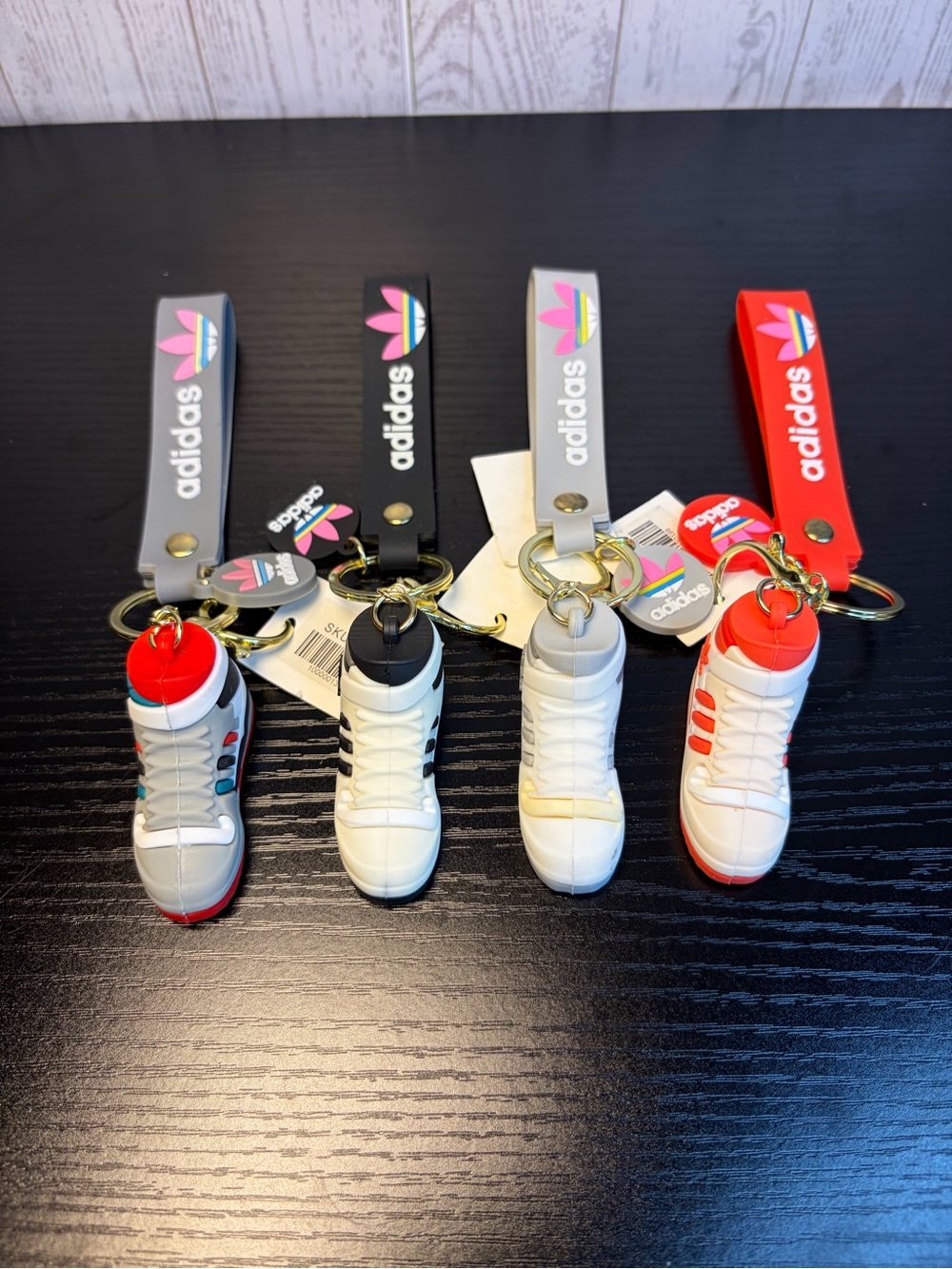 4Pcs Adidas Mini Sneaker Keychain Set - White with Red, Black, Gray Accents